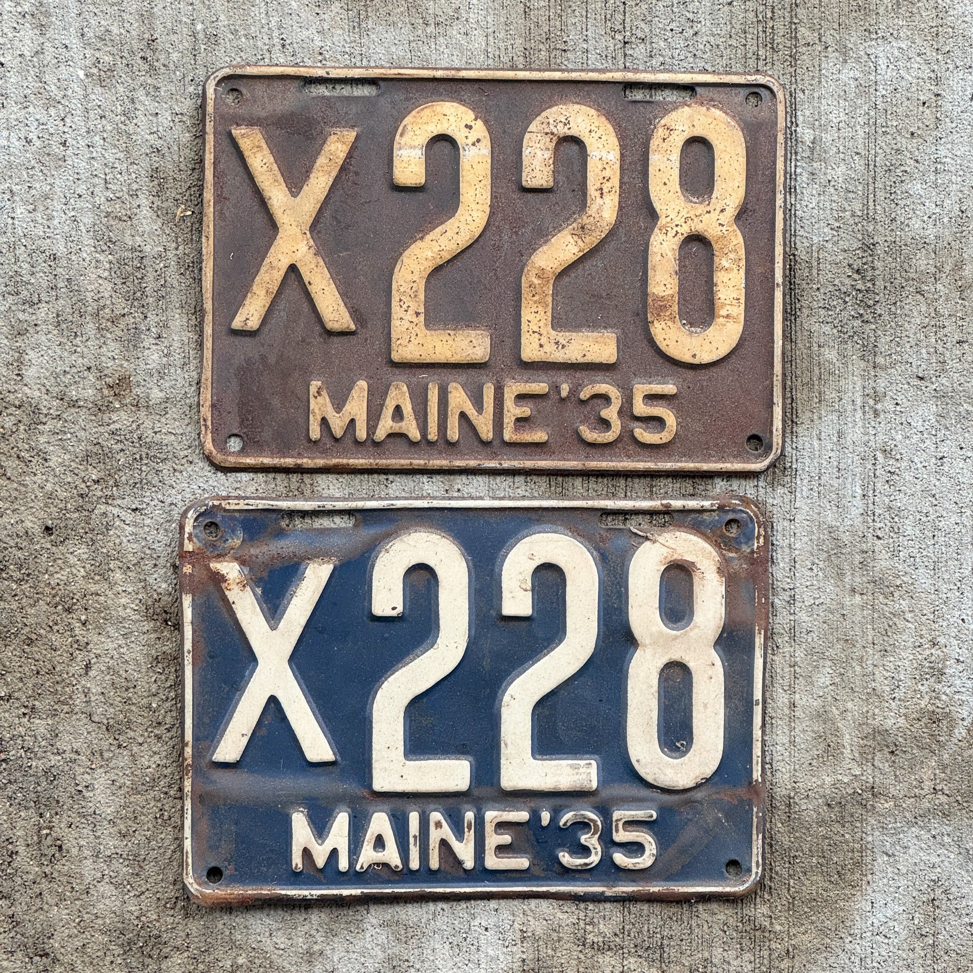 Photo of a 1935 Maine Commercial License Plate Pair Auto Tag Garage Decor Vintage Low Number Three Digit X 228 with original patina