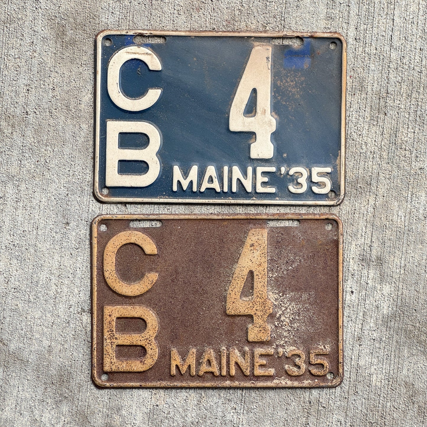 Photo of a 1935 Maine License Plate Pair Auto Tag Garage Decor Vintage CB 4 with original patina