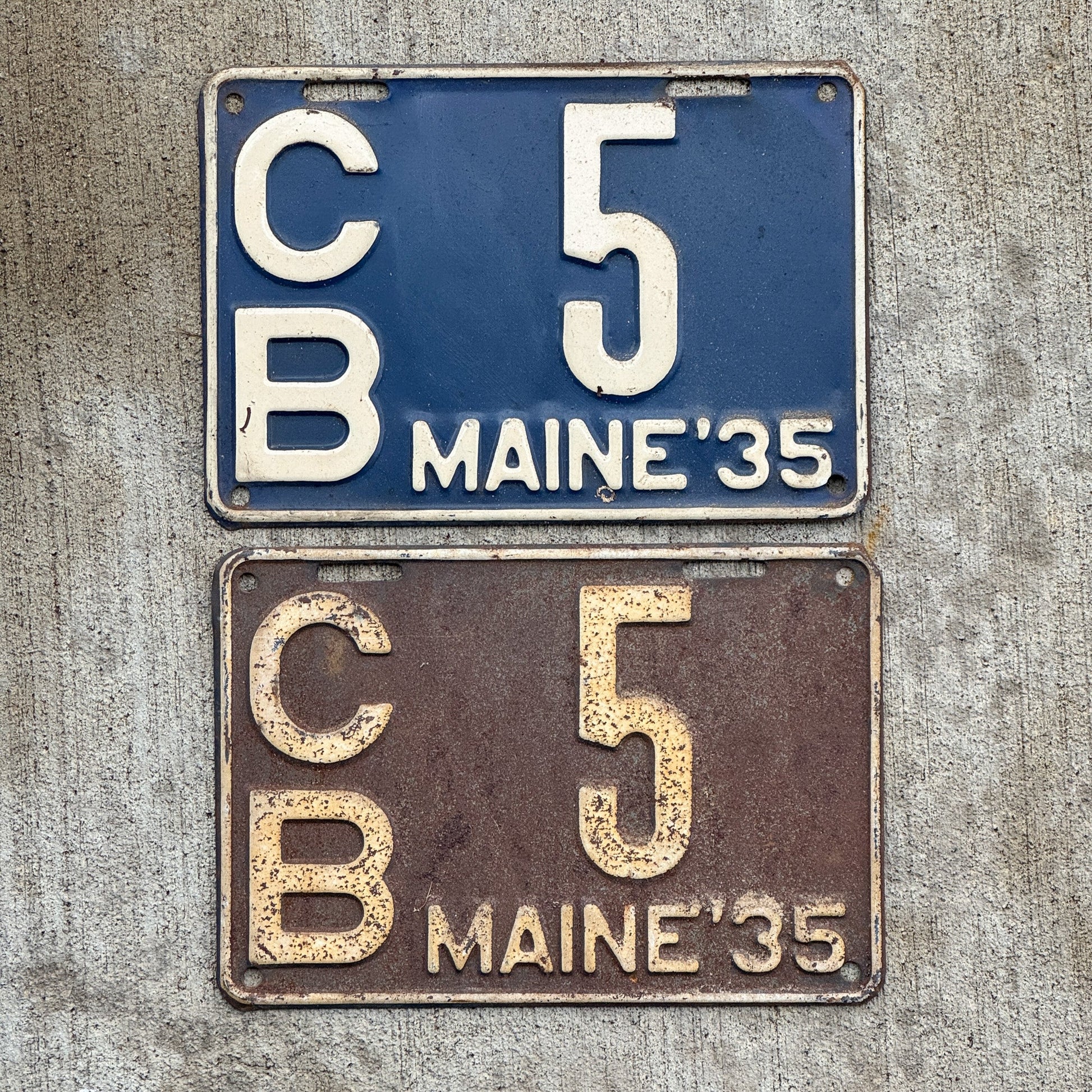 Photo of a 1935 Maine License Plate Pair Auto Tag Garage Decor Vintage Nice Number CB 5 with original patina