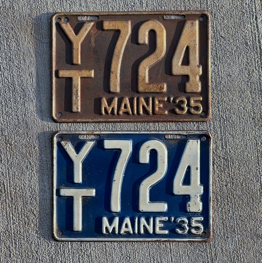 Photo of a 1935 Maine Truck License Plate Pair Auto Tag Garage Decor Vintage YT 724 with original patina