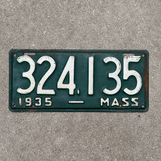 Photo of a 1935 Massachusetts License Plate Auto Tag Garage Decor Vintage 324 135 with original patina