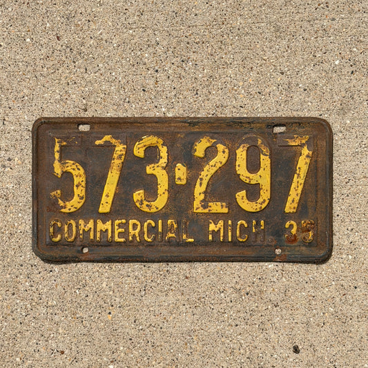Photo of a 1935 Michigan Commercial License Plate Auto Tag Garage Decor Vintage 573 297 with original patina