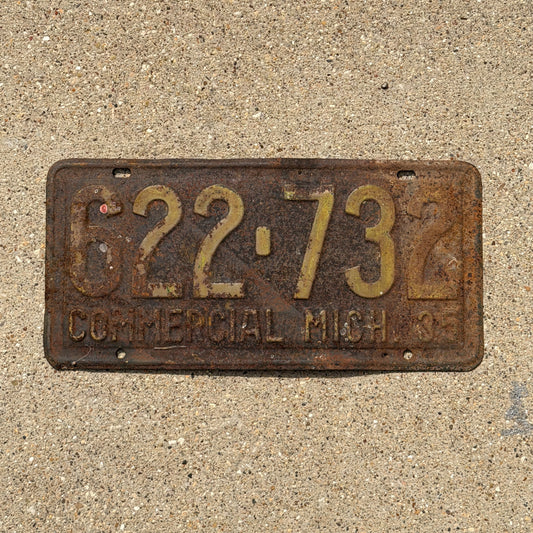 Photo of a 1935 Michigan Commercial License Plate Auto Tag Garage Decor Vintage 622 732 with original patina