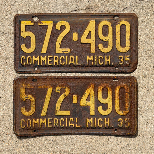 Photo of a 1935 Michigan Commercial License Plate Pair Auto Tag Garage Decor Vintage 572 490 with original patina