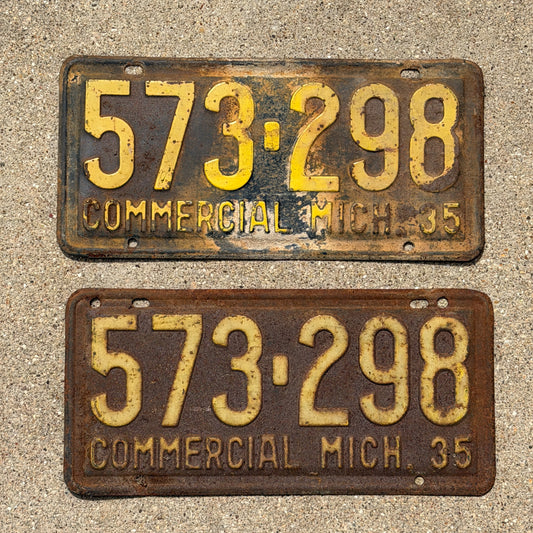Photo of a 1935 Michigan Commercial License Plate Pair Auto Tag Garage Decor Vintage 573 298 with original patina