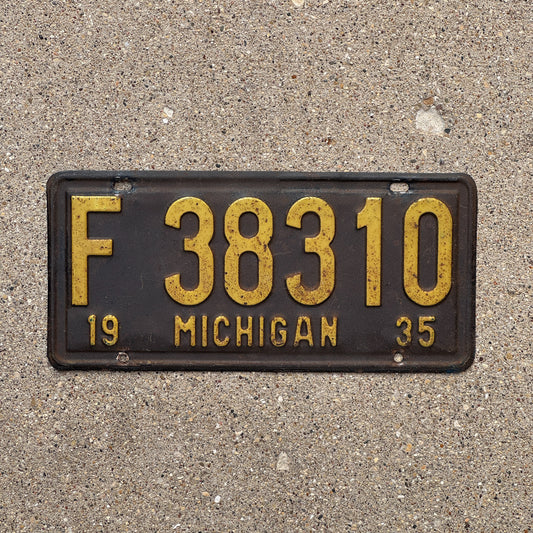 Photo of a 1935 Michigan License Plate Auto Tag Garage Decor Vintage F 38310 with original patina