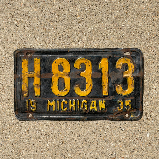 Photo of a 1935 Michigan License Plate Auto Tag Garage Decor Vintage H 8313 with original patina