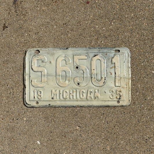 Photo of a 1935 Michigan License Plate Auto Tag Garage Decor Vintage S 6501 with original patina