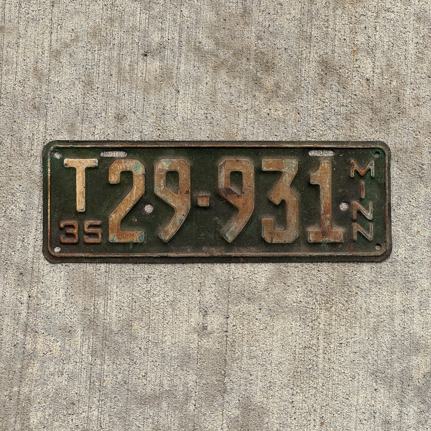 Photo of a 1935 Minnesota Farm Truck License Plate Auto Tag Garage Decor Vintage T 29 931 with original patina