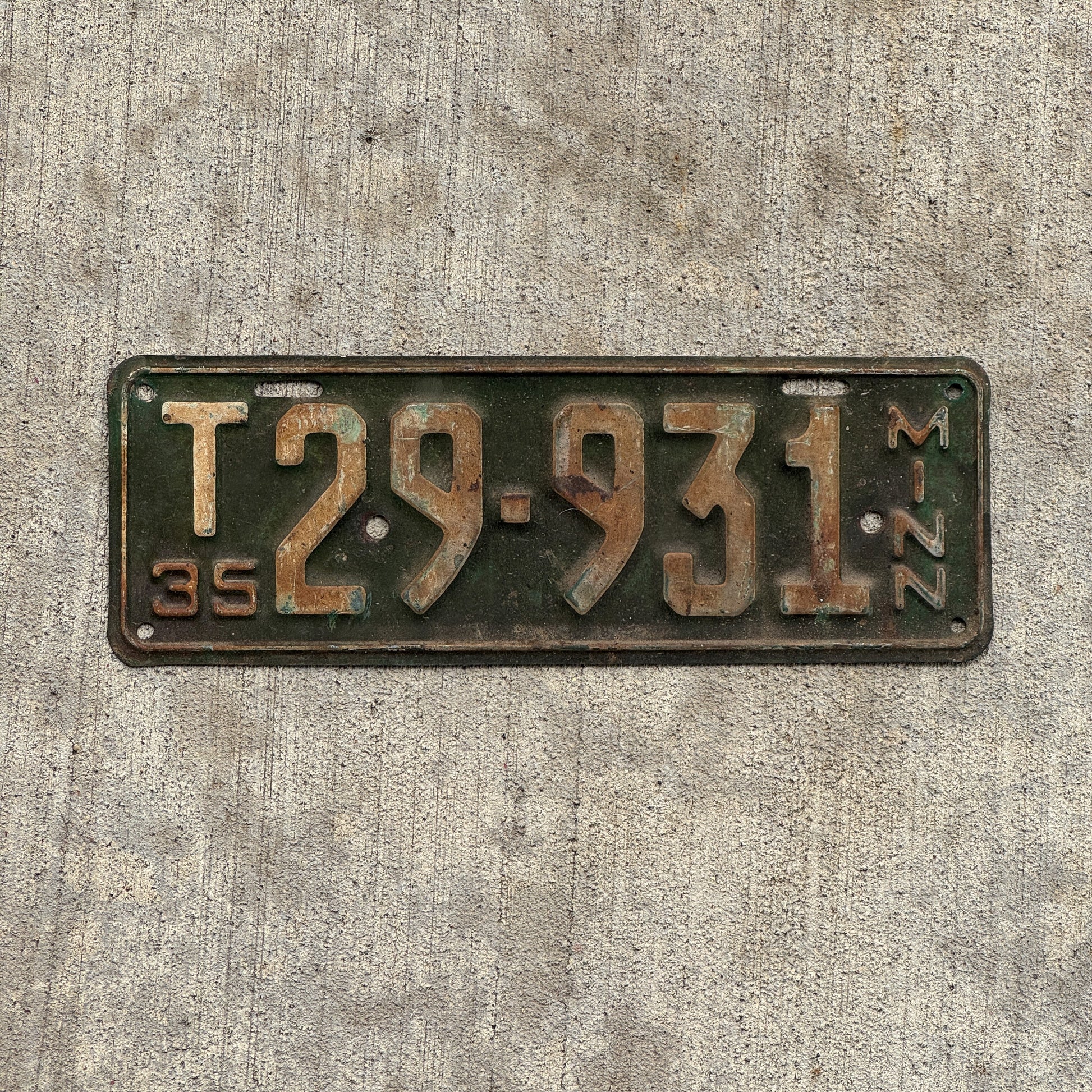 Photo of a 1935 Minnesota Farm Truck License Plate Auto Tag Garage Decor Vintage T 29 931 with original patina