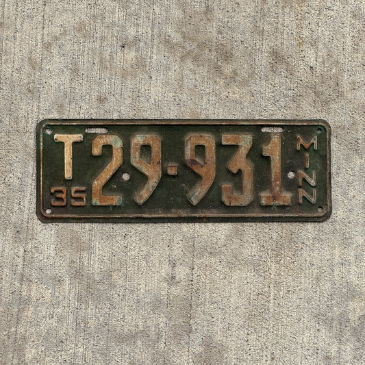 Photo of a 1935 Minnesota Farm Truck License Plate Auto Tag Garage Decor Vintage T 29 931 with original patina