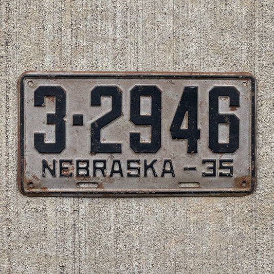 Photo of a 1935 Nebraska License Plate Auto Tag Garage Decor Vintage 3 2946 with original patina