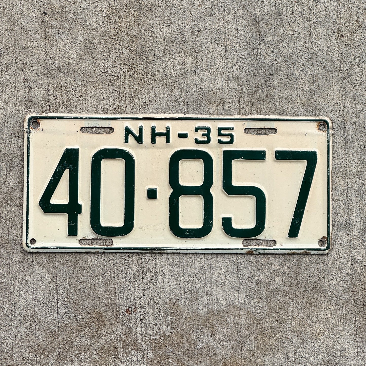 Photo of a 1935 New Hampshire License Plate Auto Tag Garage Decor Vintage High Quality 40 857 with original patina