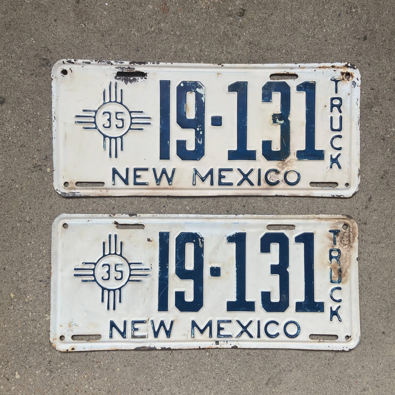 Photo of a 1935 New Mexico Truck License Plate Pair Auto Tag Garage Decor Vintage Zia 19 131 with original patina