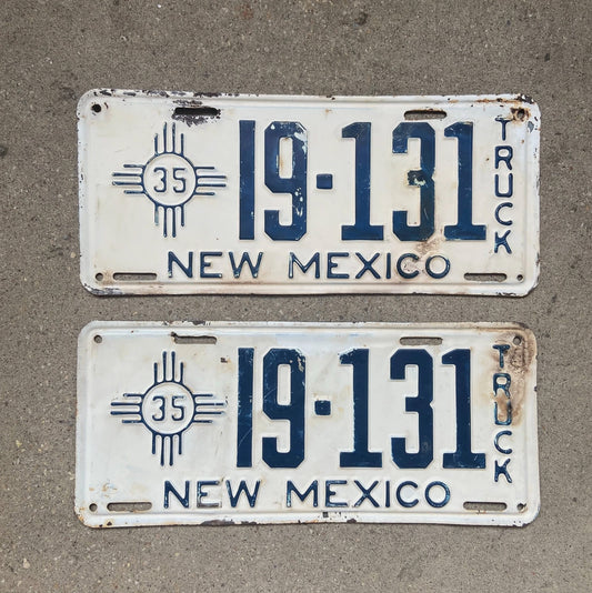 Photo of a 1935 New Mexico Truck License Plate Pair Auto Tag Garage Decor Vintage Zia 19 131 with original patina