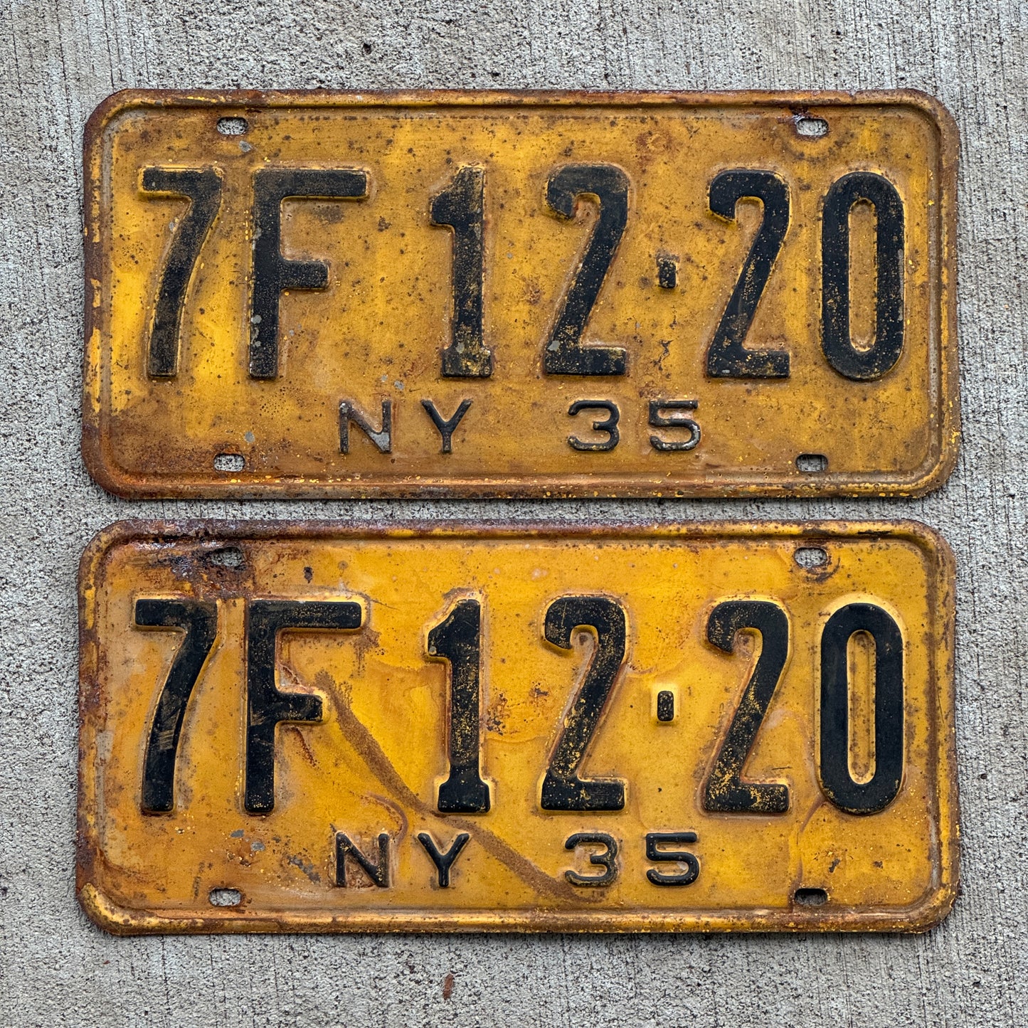 Photo of a 1935 New York License Plate Pair Auto Tag Garage Decor Vintage 7F 12 20 with original patina