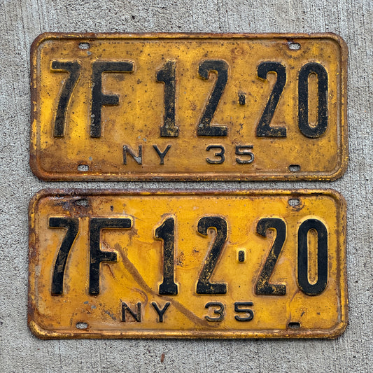 Photo of a 1935 New York License Plate Pair Auto Tag Garage Decor Vintage 7F 12 20 with original patina