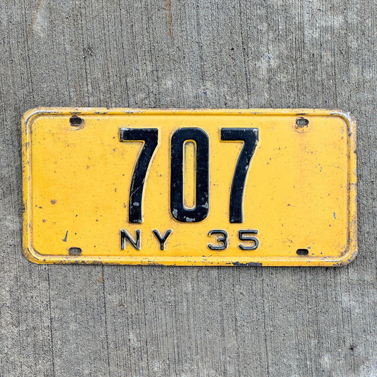 Photo of a 1935 New York Reserved License Plate Auto Tag Garage Decor Vintage ALPCA Archive Example Low Number Three Digit 707 with original patina