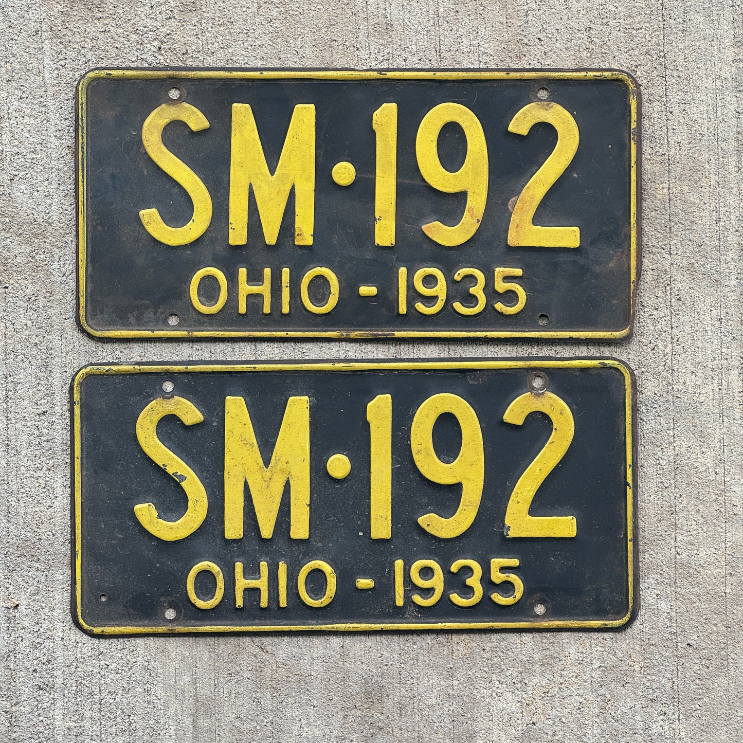 Photo of a 1935 Ohio License Plate Pair Auto Tag Garage Decor Vintage SM 192 with original patina