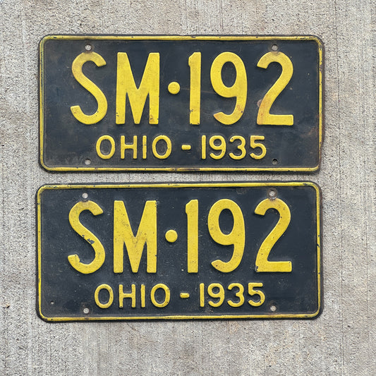 Photo of a 1935 Ohio License Plate Pair Auto Tag Garage Decor Vintage SM 192 with original patina