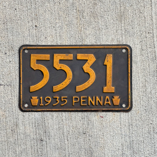 Photo of a 1935 Pennsylvania License Plate Auto Tag Garage Decor Vintage Low Number Four Digit 5531 with original patina