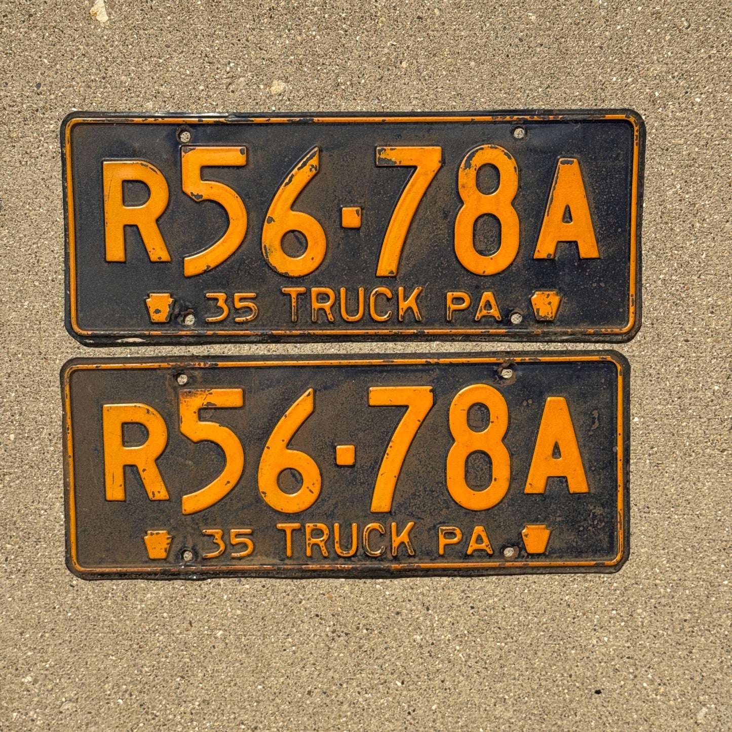 Photo of a 1935 Pennsylvania Truck License Plate Pair Auto Tag Garage Decor Vintage Straight Good Number R 5678 A