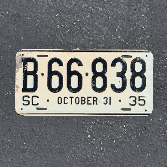 Photo of a 1935 South Carolina License Plate Auto Tag Garage Decor Vintage Nice Quality B 66 838 with original patina