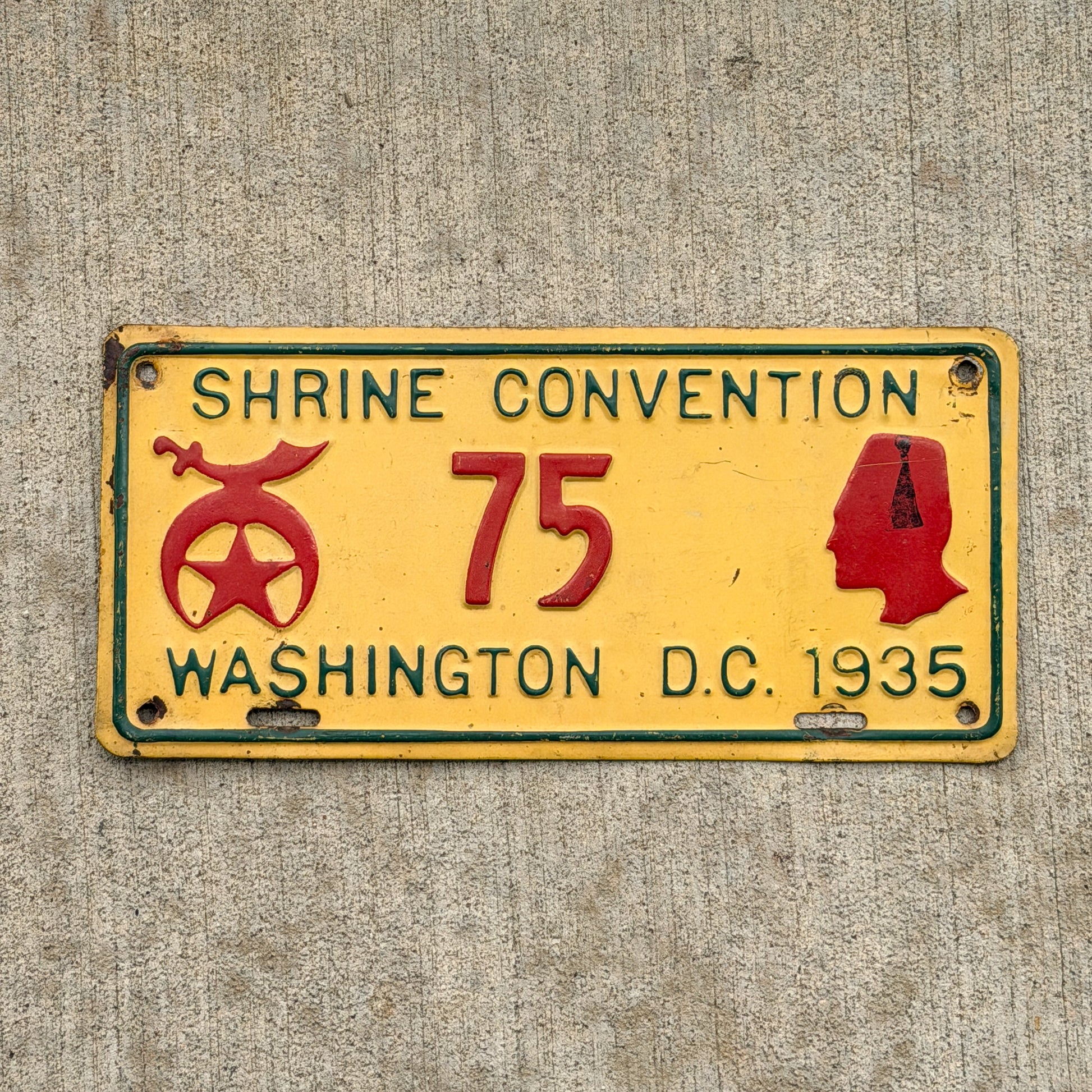 Photo of a 1935 Washington DC Shriners License Plate Auto Tag Garage Decor Vintage Low Number Two Digit 75 with original patina
