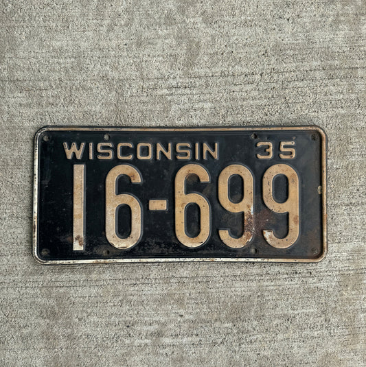 Photo of a 1935 Wisconsin License Plate Auto Tag Garage Decor Vintage 16 699 with original patina