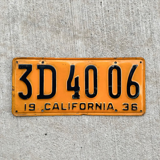 Photo of a 1936 California Auto Tag Garage Decor Vintage 3D 4006 with original patina