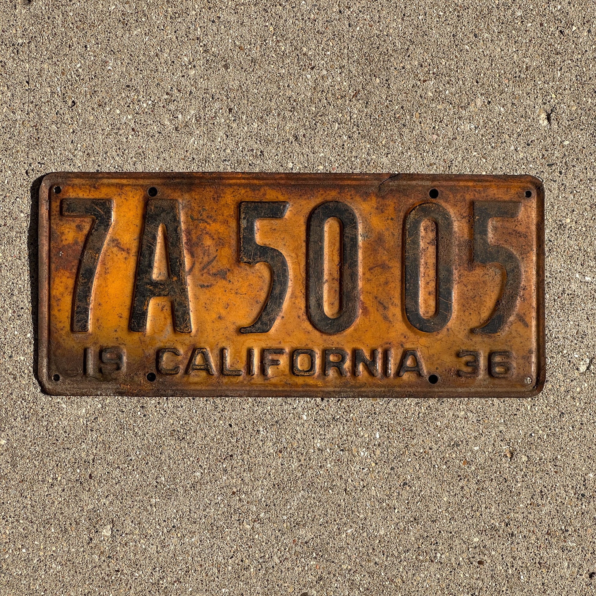 Photo of a 1936 California License Plate Auto Tag Garage Decor Vintage 7A 5005