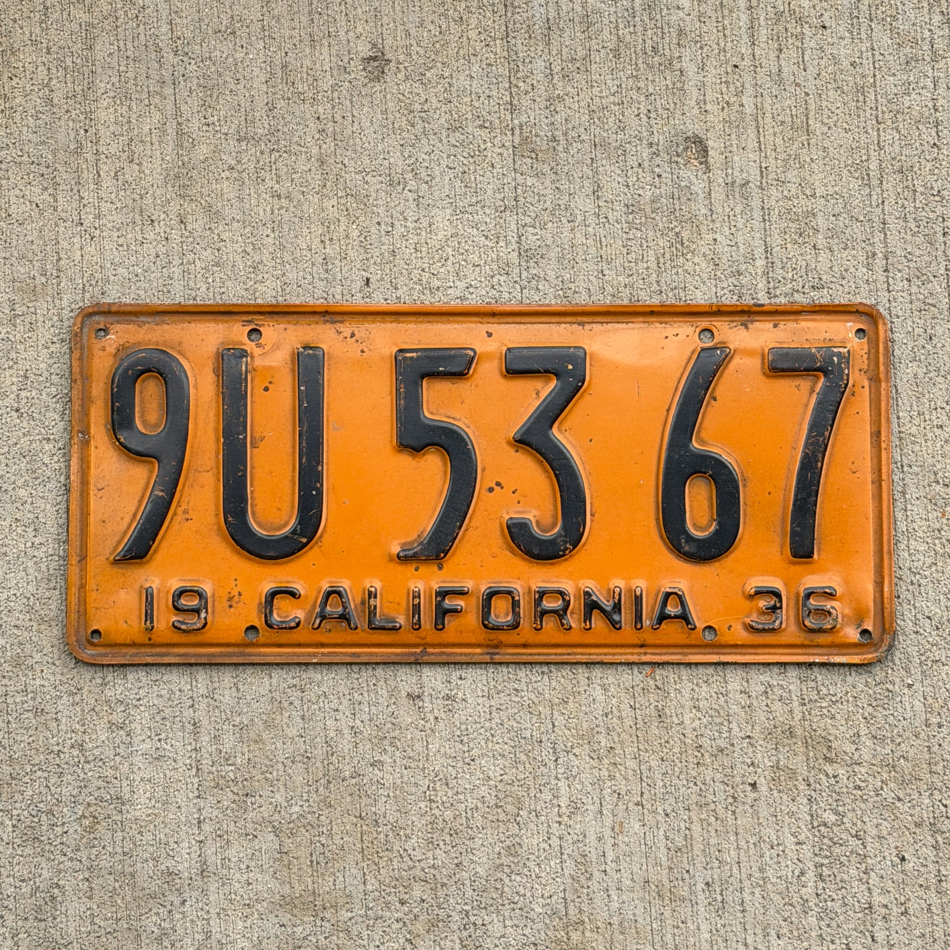 Photo of a 1936 California License Plate Auto Tag Garage Decor Vintage 9U 53 67 with original patina