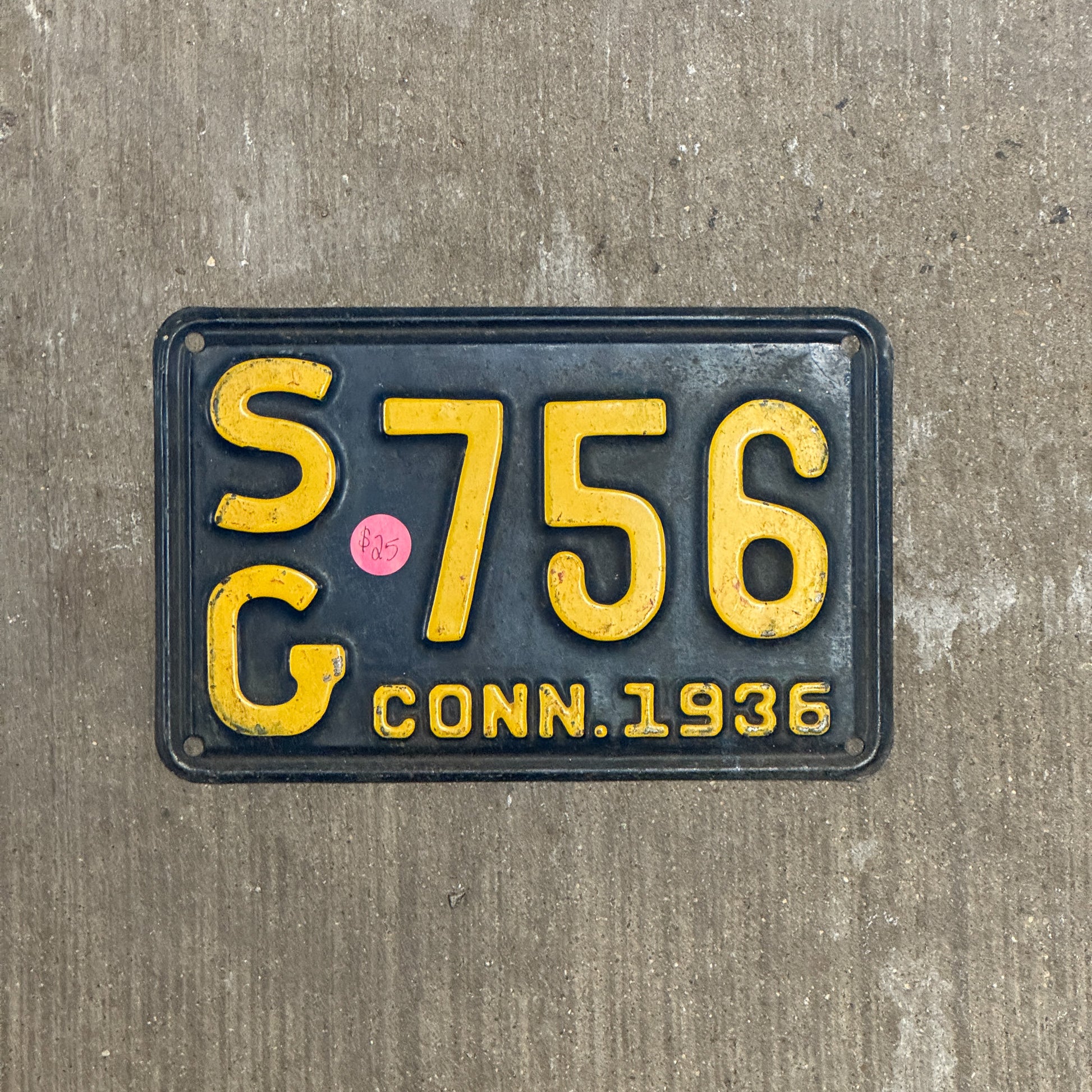 Photo of a 1936 Connecticut Auto Tag Garage Decor Vintage SG 756 with original patina