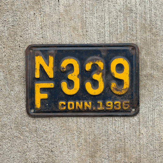 Photo of a 1936 Connecticut License Plate Auto Tag Garage Decor Vintage NF 339 with original patina