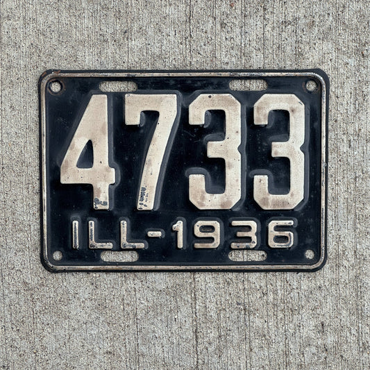 Photo of a 1936 Illinois License Plate Auto Tag Garage Decor Vintage Low Number Four Digit 4733 with original patina
