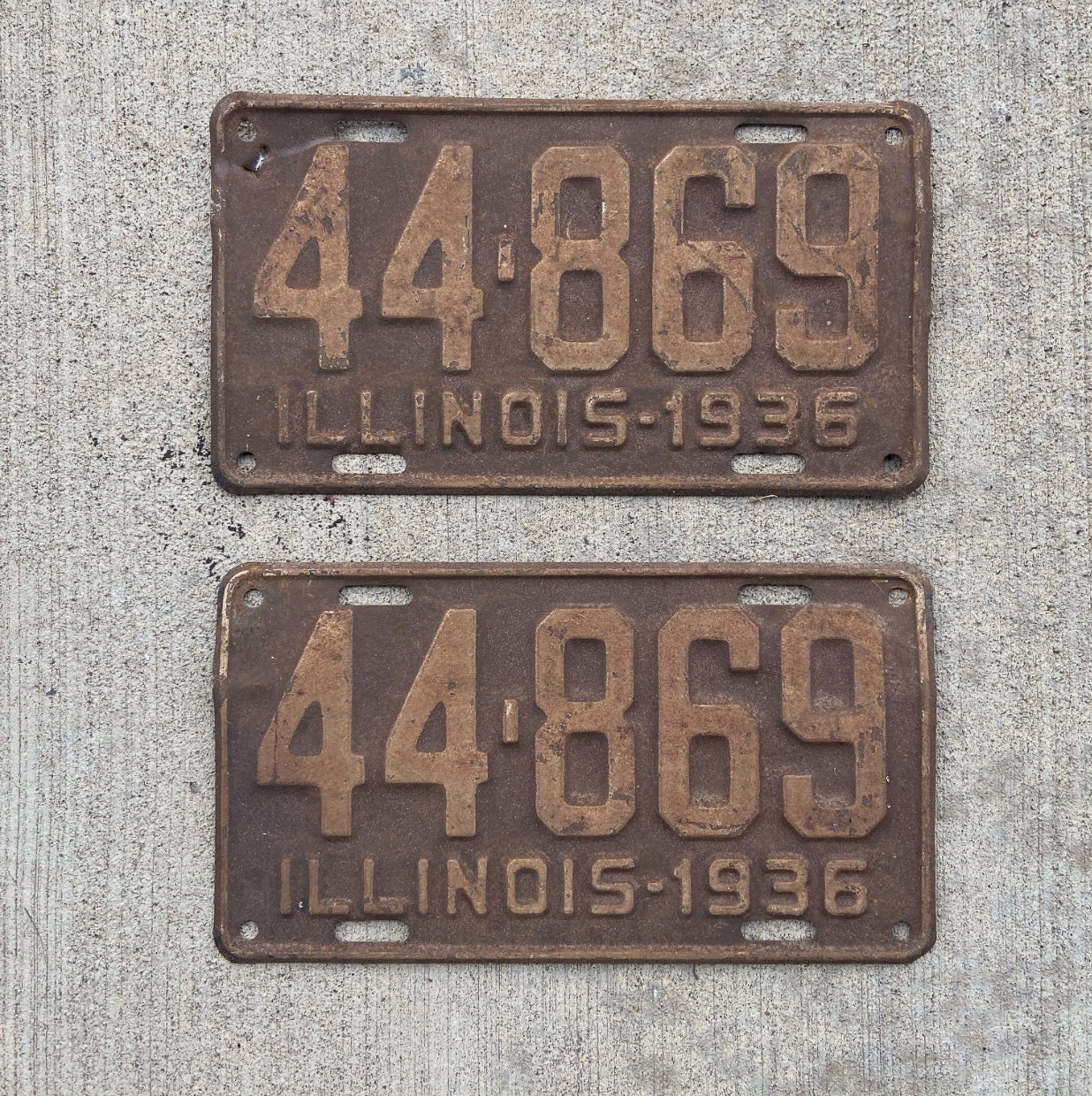 Photo of a 1936 Illinois License Plate Pair Auto Tag Garage Decor Vintage 44869 with original patina