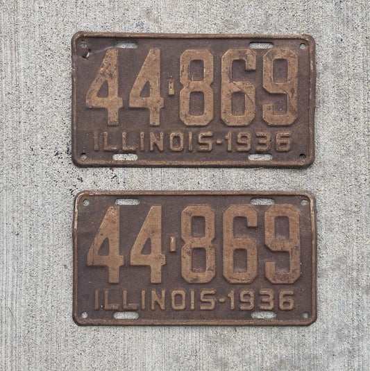 Photo of a 1936 Illinois License Plate Pair Auto Tag Garage Decor Vintage 44869 with original patina