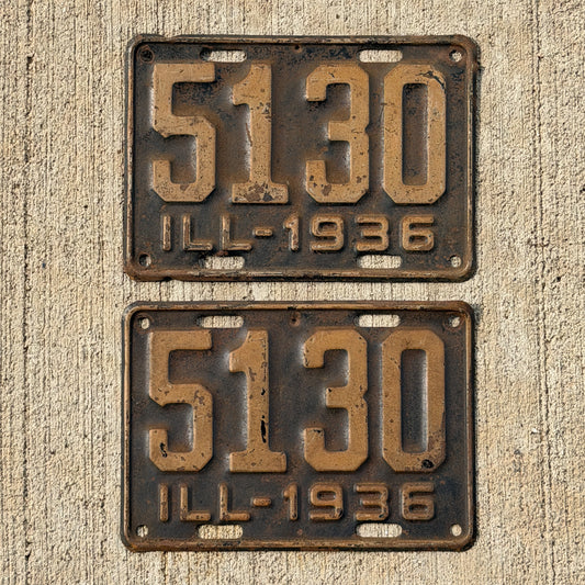 Photo of a 1936 Illinois License Plate Pair Auto Tag Garage Decor Vintage Low Number Four Digit 5130 with original patina