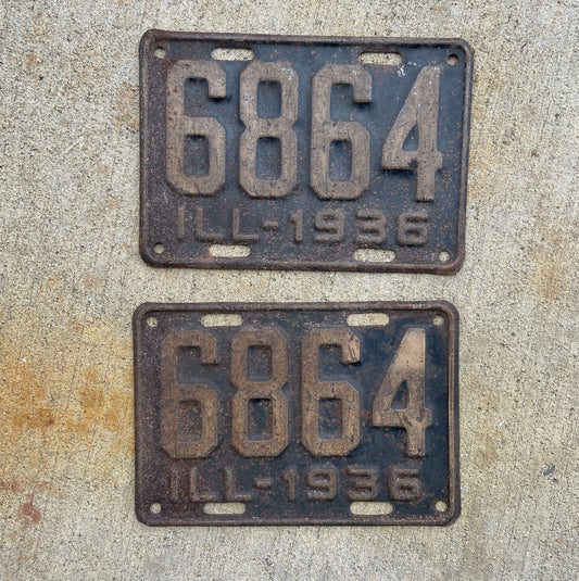 Photo of a 1936 Illinois License Plate Pair Auto Tag Garage Decor Vintage Low Number Four Digit 6864 with original patina