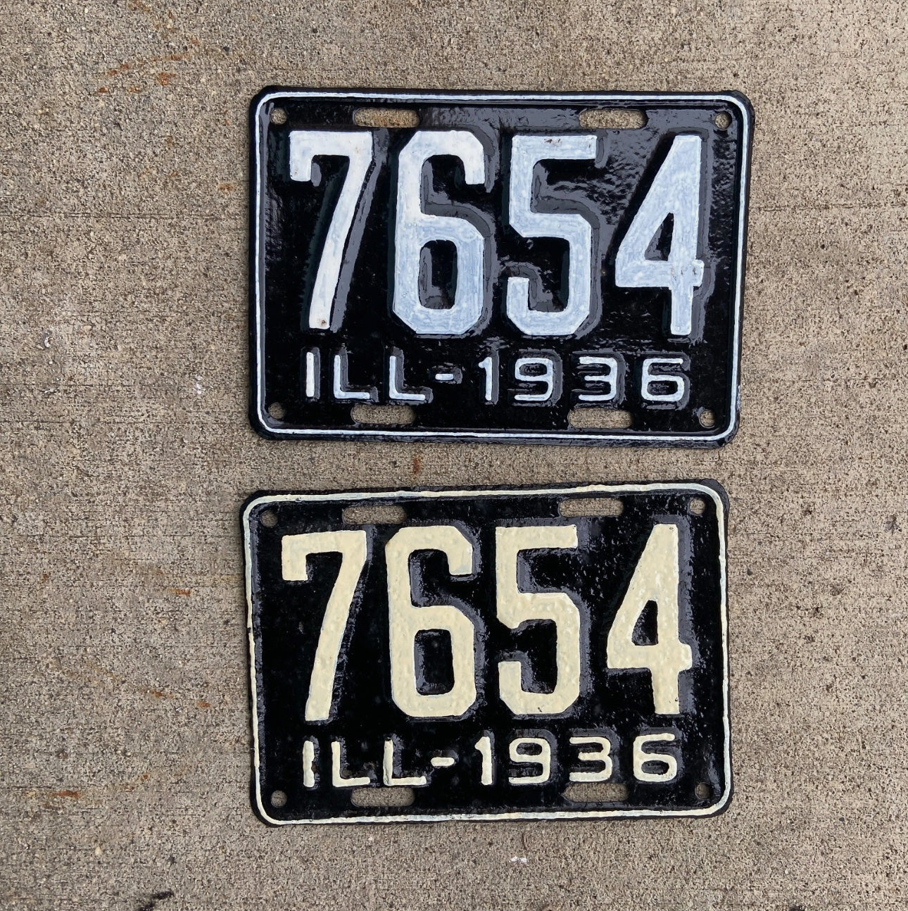 Photo of a 1936 Illinois License Plate Pair Auto Tag Garage Decor Vintage Low Number Four Digit 7654 with original patina