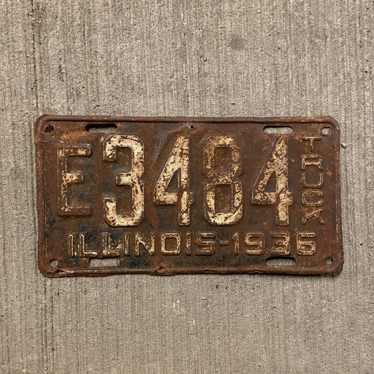 Photo of a 1936 Illinois Truck License Plate Auto Tag Garage Decor Vintage E 3484 with original patina