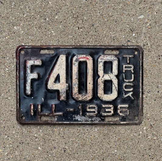 Photo of a 1936 Illinois Truck License Plate Auto Tag Garage Decor Vintage Low Number Three Digit F 408 with original patina