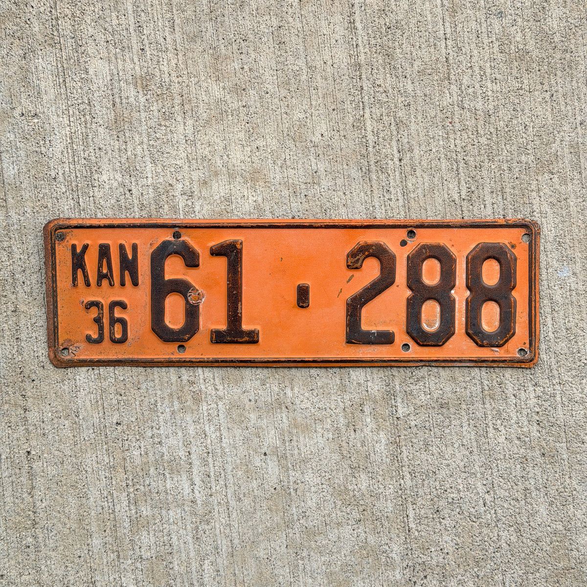 Photo of a 1936 Kansas License Plate Auto Tag Garage Decor Vintage 61 288 with original patina