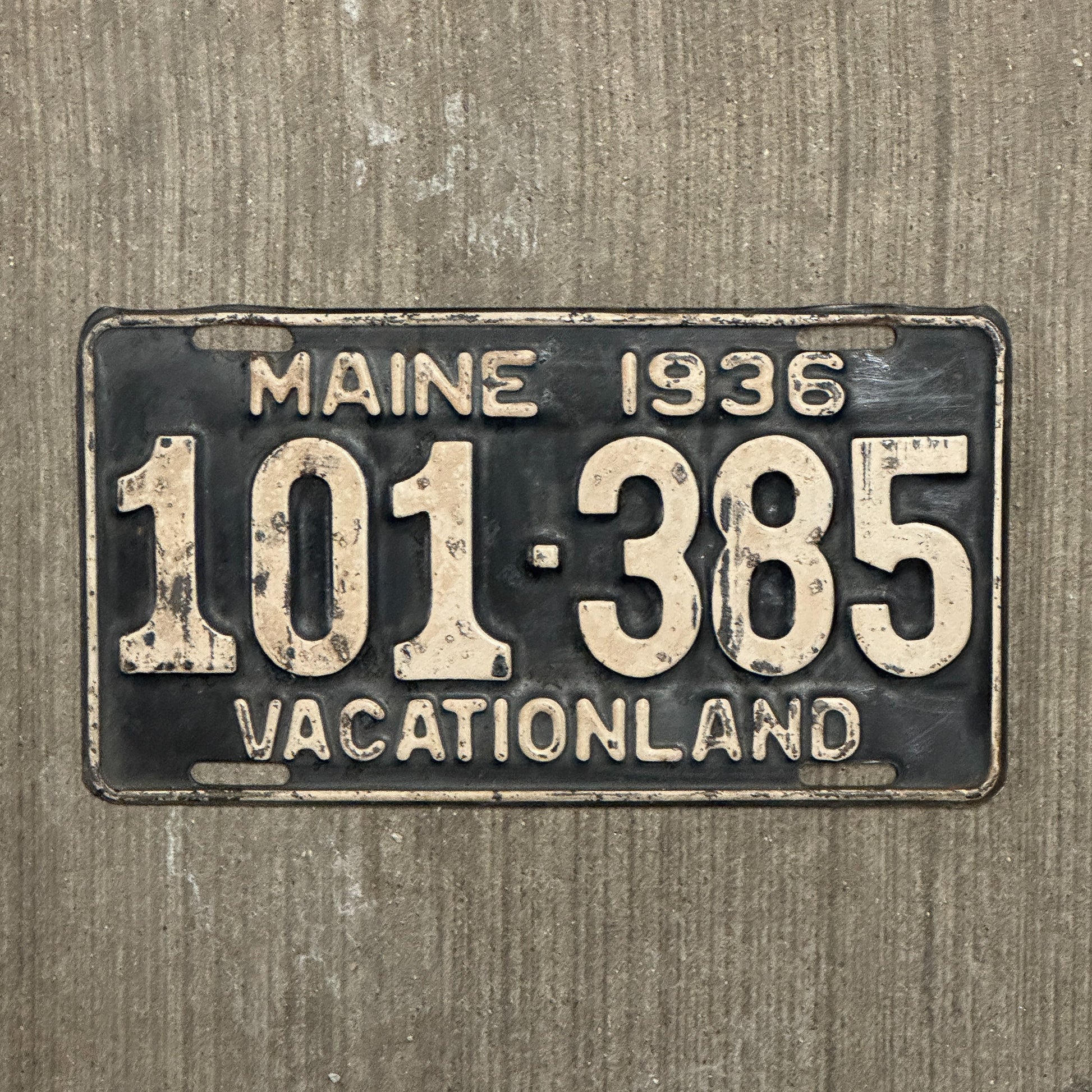 Photo of a 1936 Maine License Plate Auto Tag Garage Decor Vintage 101 385 with original patina