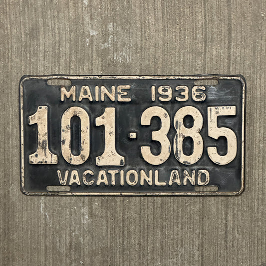 Photo of a 1936 Maine License Plate Auto Tag Garage Decor Vintage 101 385 with original patina