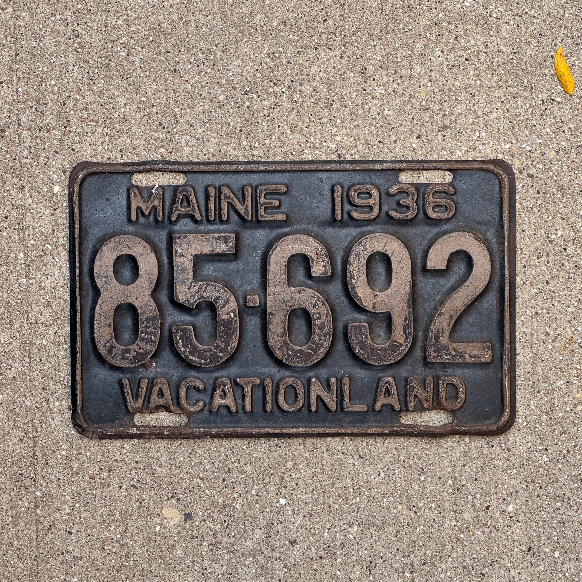 Photo of a 1936 Maine License Plate Auto Tag Garage Decor Vintage 85692 with original patina