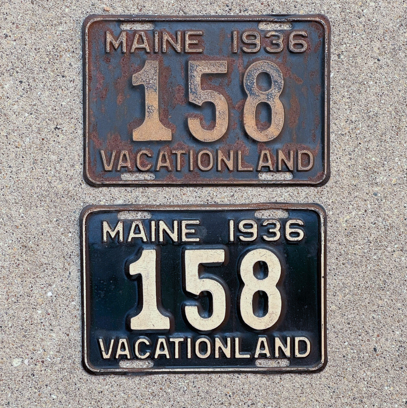 Photo of a 1936 Maine License Plate Pair Auto Tag Garage Decor Vintage Low Number Three Digit 158 with original patina