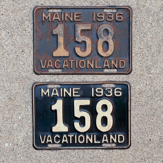 Photo of a 1936 Maine License Plate Pair Auto Tag Garage Decor Vintage Low Number Three Digit 158 with original patina
