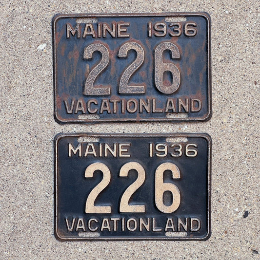 Photo of a 1936 Maine License Plate Pair Auto Tag Garage Decor Vintage Low Number Three Digit 226 with original patina
