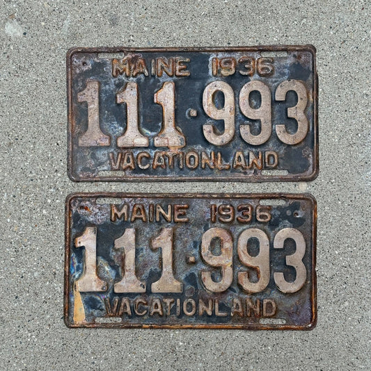 Photo of a 1936 Maine License Plate Pair Auto Tag Garage Decor Vintage Repeat Repeating 111 993
